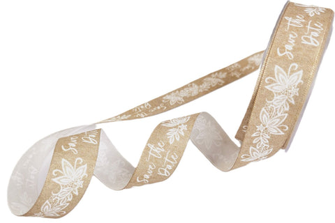 R9863 25mm Oatmeal Rustic Wedding Themed Print Ribbon by Berisfords