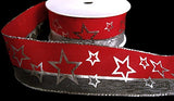R6161 40mm Red-Metallic Mesh Silver Print Wire Edge Ribbon-Berisfords