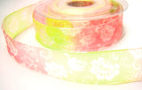R8113 25mm Pink-Lime-Natural Flower Design Sheer Ribbon by Berisfords