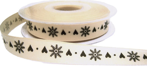 R9021 15mm Cream-Grey Rustic Snowflake-Hearts Print Ribbon,Berisfords