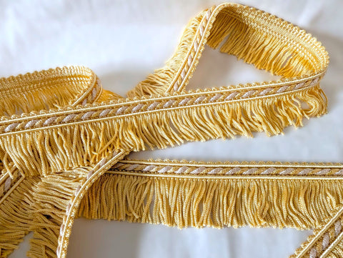 35mm Lampshade and soft furnishing trimming. Pale gold fringe trim with a cream in the corded braid. Ribbonmoon trims online shop.