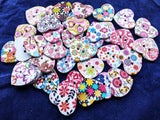 MIX01   Assorted Flowery Print Wooden Love Heart Buttons 25x22mm