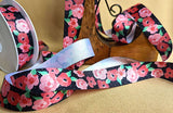 R0530 25mm Black-Pink-Green Flower Print Satin Ribbon by Berisfords