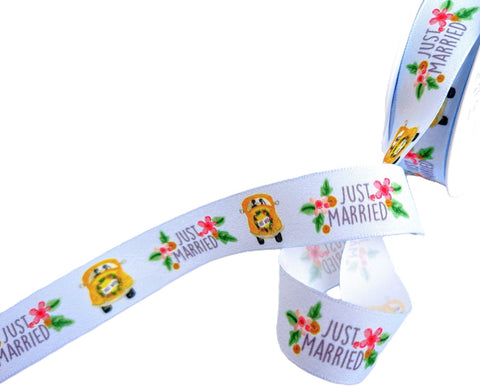 R2301 25mm Pale Blue-Mix Just Married Print Taffeta Ribbon, Berisfords