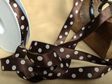 R6376 15mm Dark Brown-White Satin-Polka Dot Spot Print Ribbon Berisfords