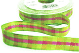 R7754 15mm Greens-Fuchsia Pink Banded Gingham Ribbon by Berisfords
