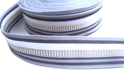 R8695 25mm Grey-Black-Cream-Metallic Silver Stripe Banded Ribbon