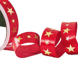 R9521 25mm Red Satin Ribbon-Metallic Gold Star Print, Berisfords
