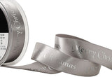 R9905 25mm Grey Satin Ribbon-Silver Merry Christmas Print-Berisfords