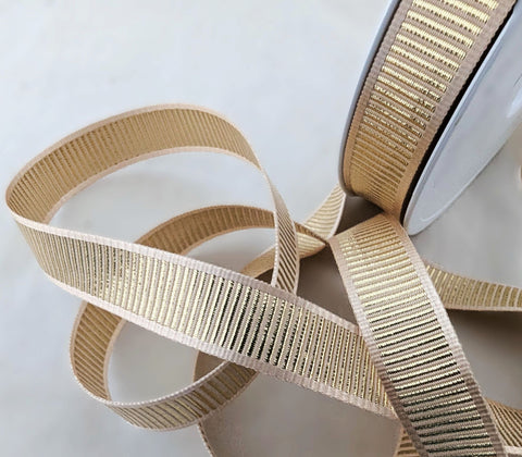 16mm width antique cream satin and metallic gold grosgrain ribbon by Berisfords Ribbons. Extensive range & cheap UK home delivery at Ribbonmoon online.