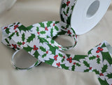 25mm width white grosgrain ribbon with a holly and berries festive print.