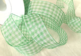 Meadow green and white sheer nylon traditional gingham ribbon. 25mm width.