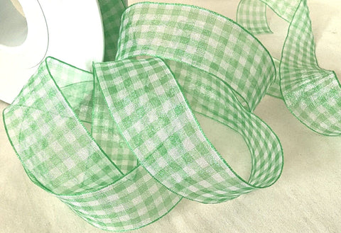 Meadow green and white sheer nylon traditional gingham ribbon. 25mm width.