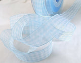 Pale blue and white sheer nylon traditional gingham ribbon. 25mm width.