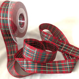 1"-inch width red and green tartan plaid ribbon with thin gold metallic stripes.