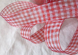 Red and white sheer nylon traditional gingham ribbon. 25mm width.