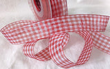 Red and white sheer nylon traditional gingham ribbon. 25mm width.