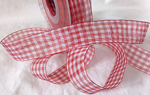 Red and white sheer nylon traditional gingham ribbon. 25mm width.
