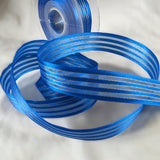 25mm width royal blue satin, sheer and thin metallic gold striped ribbon. Buy per metre, cut to length. Ribbonmoon huge online Berisfords Ribbons range.