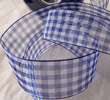 Royal blue and white sheer nylon traditional gingham ribbon. 25mm width.