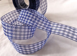 Royal blue and white sheer nylon traditional gingham ribbon. 25mm width.