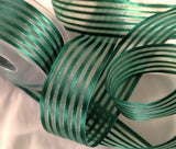 40mm width green satin, sheer and thin metallic gold striped ribbon. Buy per metre, cut to length. Ribbonmoon huge online Berisfords Ribbons range.