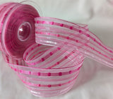 Sheer organza ribbon with real silk  woven silk stripes and borders pink shades. 40mm width