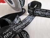 Black 25mm satin ribbon with printed 'Congratulations' text