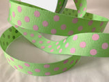 Berisfords Ribbon | 16mm Polyester Grosgrain | Polka Dot | Green & Pink