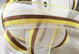 White sheer organza ribbon with real silk yellow and brown woven silk stripes and borders. 45mm width