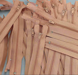 Closed end zips. 18cm long, no.3 size nylon centre fastening and dusky peach  polyester fabric.