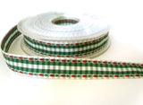 R0303 15mm Green Gingham Ribbon with a Woven Jacquard Tulip Design