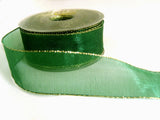 R1308 37mm Bottle Green Sheer Ribbon with Gold Metallic Borders