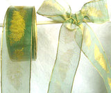 R1355 39mm Green Water Resistant Sheer Ribbon with a Gold Leaf Print. Wire Edge - Ribbonmoon
