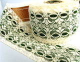 R1720 80mm Ivory Lace over a Holly Green Velveteen Ribbon - Ribbonmoon