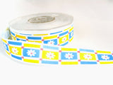 R1795 24mm White Satin Ribbon with a Yellow and Blue Daisy Design