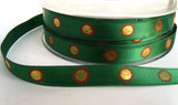 R2439 10mm Hunter Green Satin Ribbon with a Metallic Gold and Russet Print - Ribbonmoon