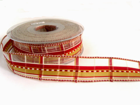 R7076 25mm Sheer Tartan Check Ribbon with Silk Banded Stripe and Borders