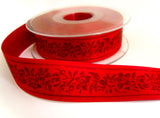 R7311 26mm Tonal Red Satin Ribbon with a Flowery Print by Berisfords