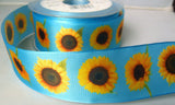 R7800 40mm Tonal Blue Taffeta Ribbon with a Sunflower Design - Ribbonmoon