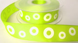 R7825 25mm Lime Green Taffeta Ribbon with Printed White Rings Design - Ribbonmoon