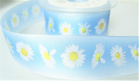 R7848 40mm Tonal Blue Taffeta Ribbon, Daisy Flower Design, Berisfords