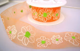 R7892 40mm Apricot Sheer Ribbon with a White and Lime Green Flower Design - Ribbonmoon