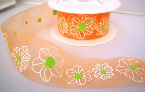 R7892 40mm Apricot Sheer Ribbon with a White and Lime Green Flower Design - Ribbonmoon