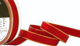 R9180 15mm Scarlet Berry Red Satin Ribbon, Metallic Gold Edge, Berisfords
