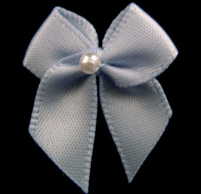 RB108 Bluebell Blue 10mm Double Satin Ribbon Bow with a Centre Pearl, Berisfords - Ribbonmoon