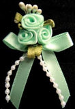 RB392 Mint Green Satin Rose Bow Buds with Ribbon and Pearl Bead Trim
