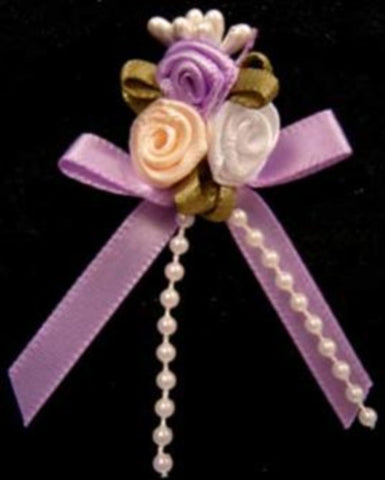 RB400 Satin Rose Bow Buds with Lilac Ribbon and Pearl Trim Decoration.
