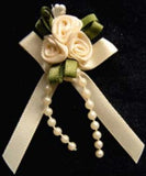 RB416 Cream Satin Rose Bow Buds with Ribbon and Pearl Bead Trim Decoration