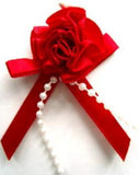 RB385 Red Satin Bow with Ribbon and Pearl Bead Trim Decoration.
